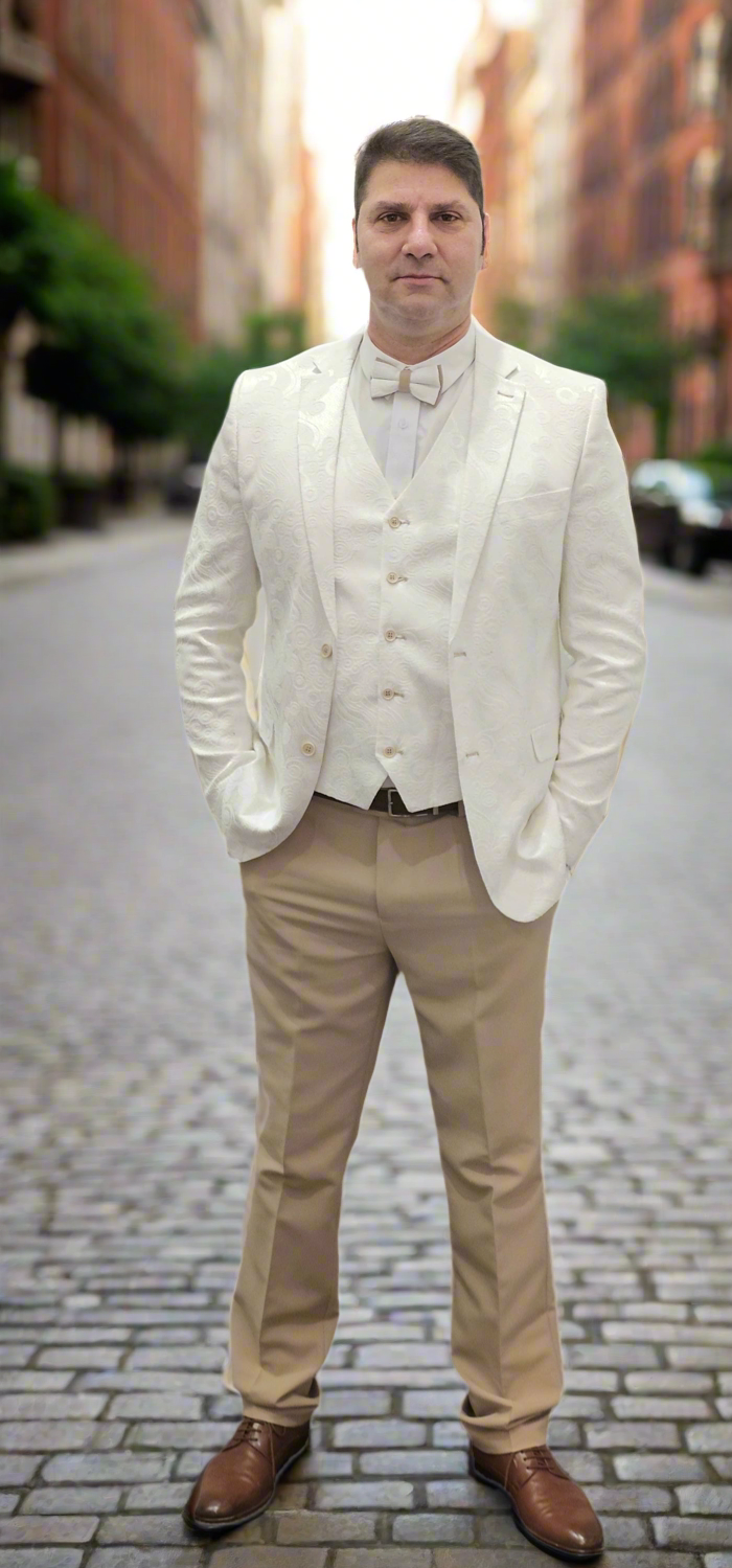 Luxury Hand Made Suit - Mens 6 Piece White Paisley Pattern Suit - With Beige Pants- Made In Canada 🇨🇦 Be Chic