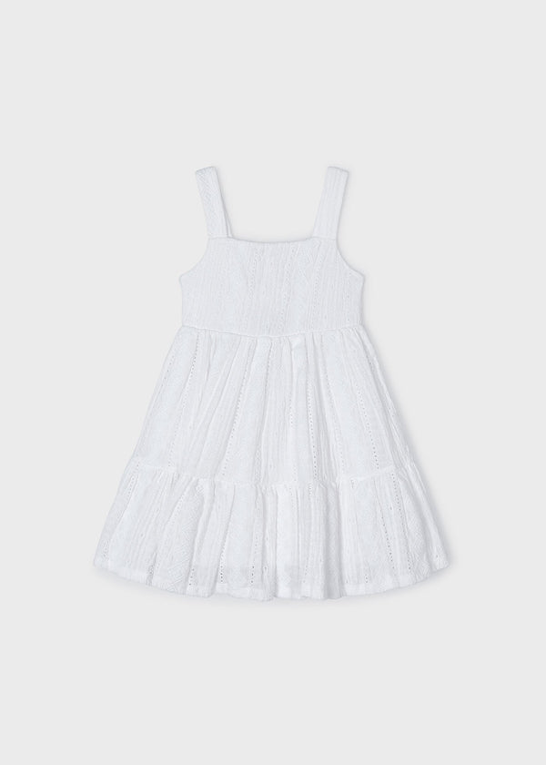 Mayoral Dress White - "Elegant white sleeveless dress with textured fabric and bow detail at waist by Mayoral.