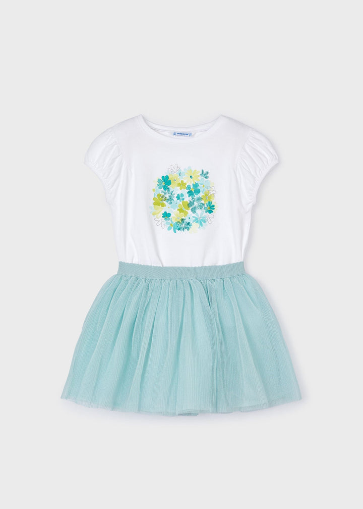 Mayoral Tulle Skirt Set  Anise - "Girls' anise green tulle skirt set with glittery top and layered tulle skirt by Mayoral.