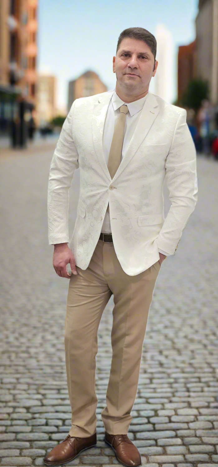 Luxury Hand Made Suit - Mens 6 Piece White Paisley Pattern Suit - With Beige Pants- Made In Canada 🇨🇦 Be Chic