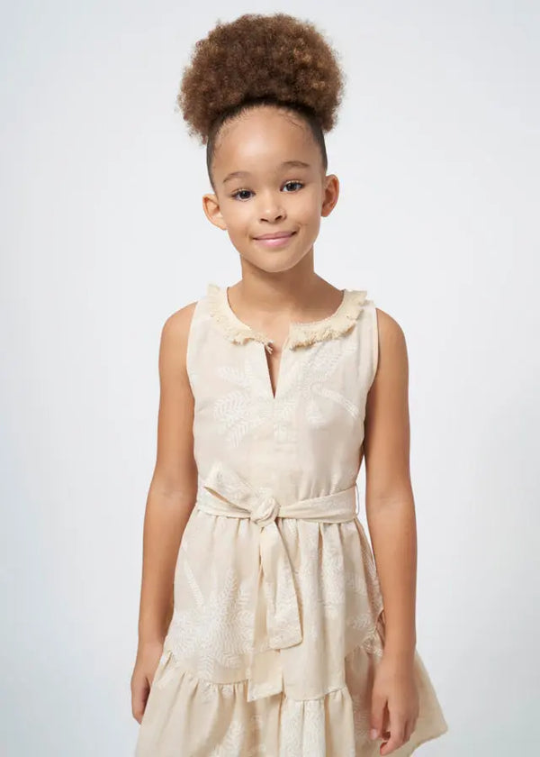 6955 - linen dress palm print t for Teen girl - Natural Mayoral