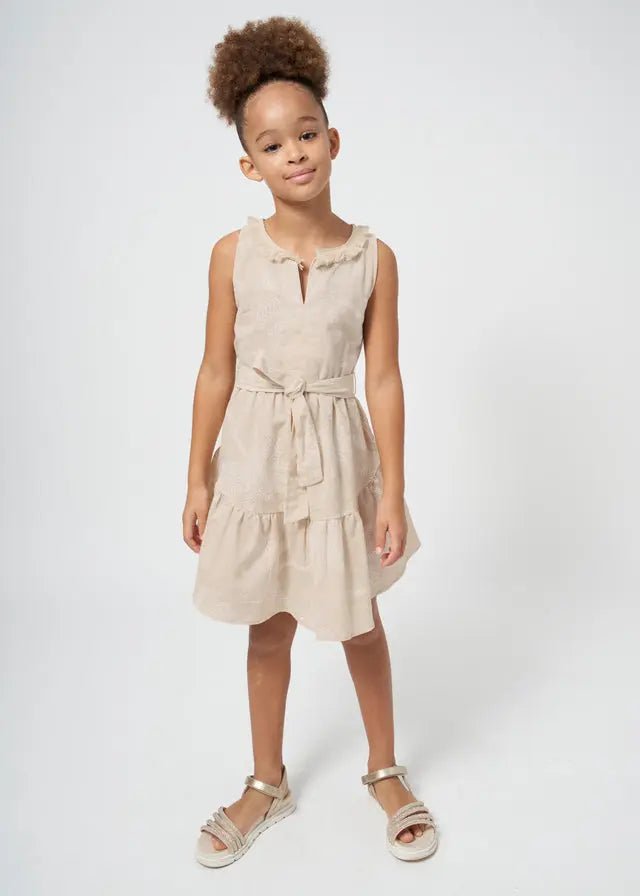 6955 - linen dress palm print t for Teen girl - Natural - Be Chic