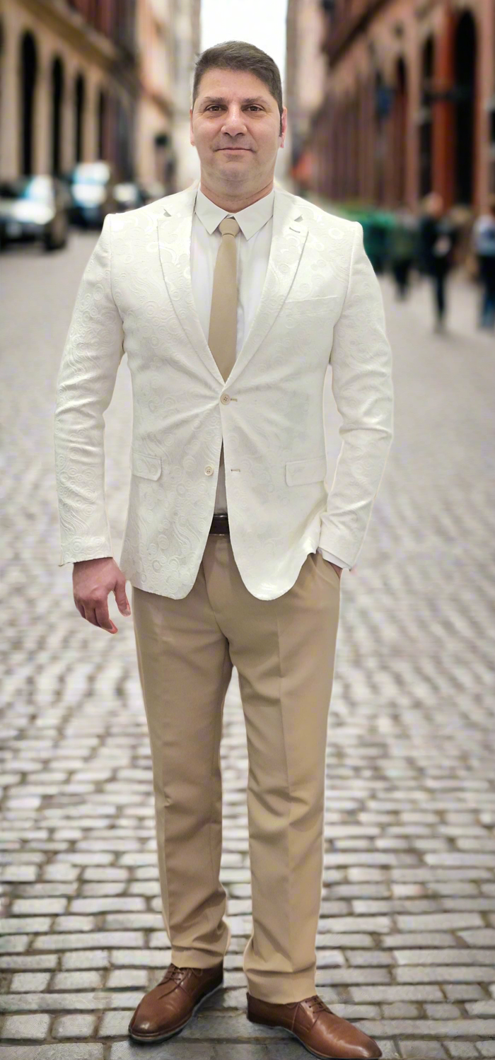 Luxury Hand Made Suit - Mens 6 Piece White Paisley Pattern Suit - With Beige Pants- Made In Canada 🇨🇦 Be Chic