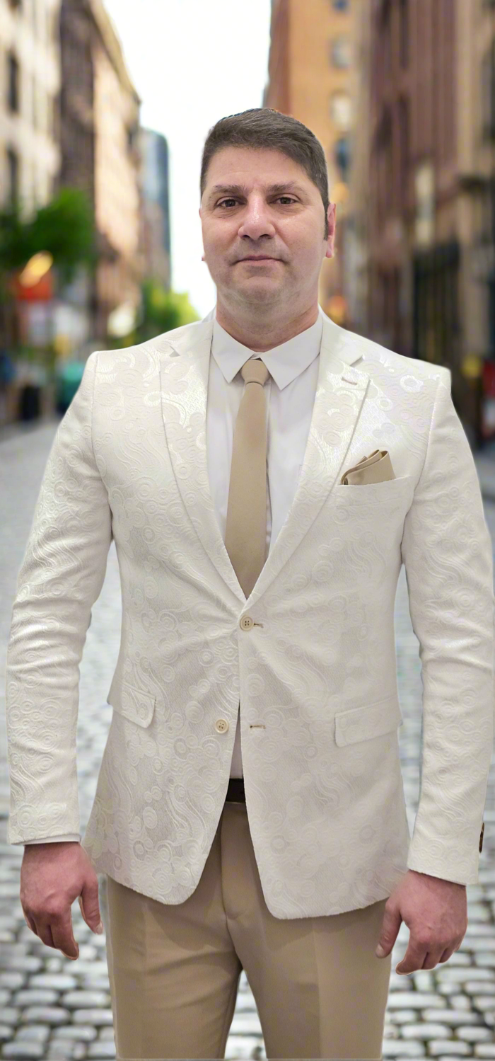 Luxury Hand Made Suit - Mens 6 Piece White Paisley Pattern Suit - With Beige Pants- Made In Canada 🇨🇦 Be Chic