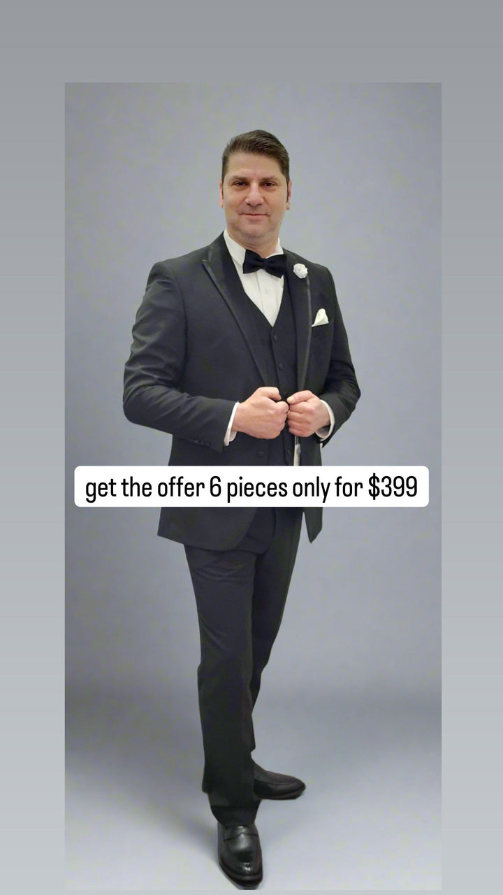 Luxury black Mens tuxedo 6 Piece Suit - Made In Canada 🇨🇦 Be Chic