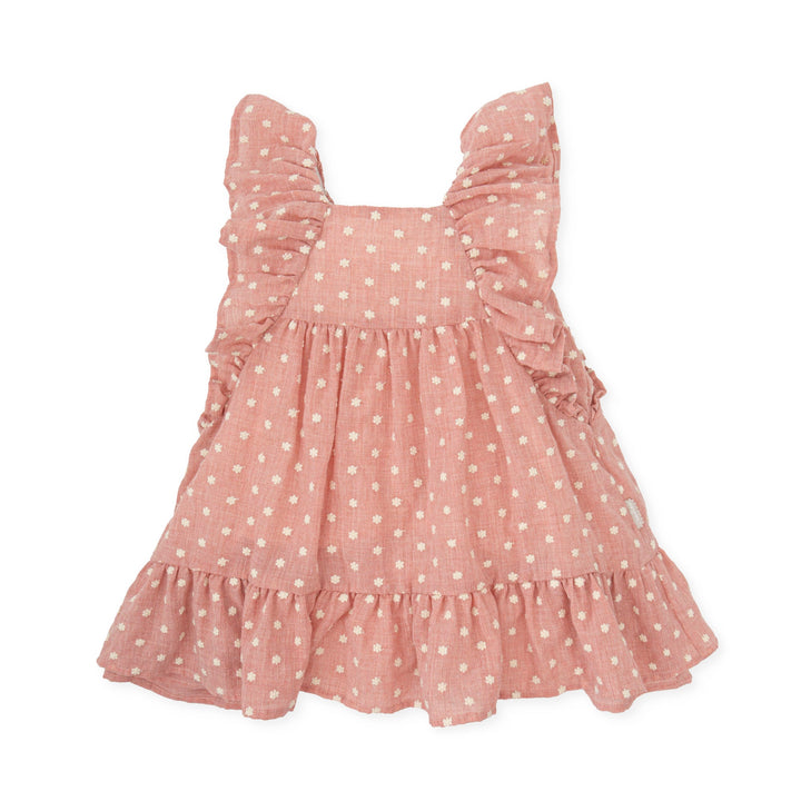 Petal pink Kendo woven summer dress for kids with delicate ruffle detailing and a soft, flowing silhouette.