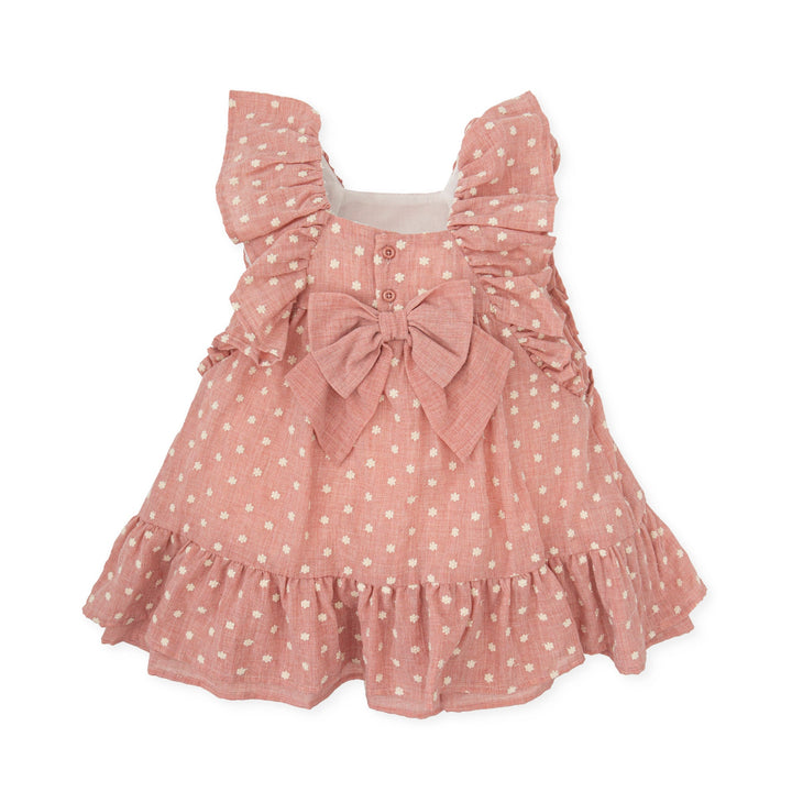 Petal pink Kendo woven summer dress for kids with delicate ruffle detailing and a soft, flowing silhouette.