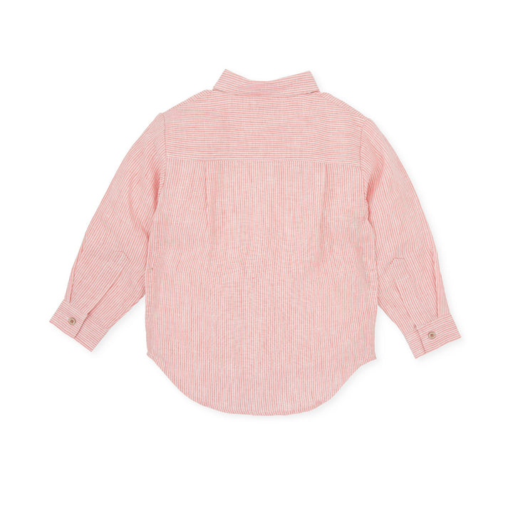 A delicate petal pink woven shirt by Tutto Piccolo, tailored for boys, merging classic design with a touch of summer flair, suitable for both casual and formal wear.