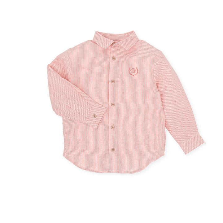 A delicate petal pink woven shirt by Tutto Piccolo, tailored for boys, merging classic design with a touch of summer flair, suitable for both casual and formal wear.