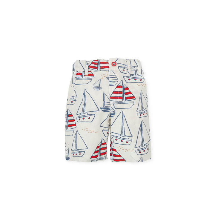 Navy blue woven Bermuda shorts from Tutto Piccolo, designed for boys, combining style and comfort, perfect for summer adventures or casual outings.