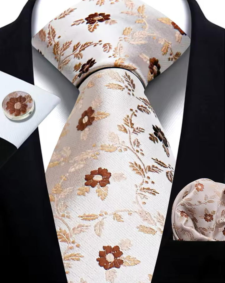 Beige Floral Men's Tie - Pocket Square & Cufflinks (Copy) Be Chic