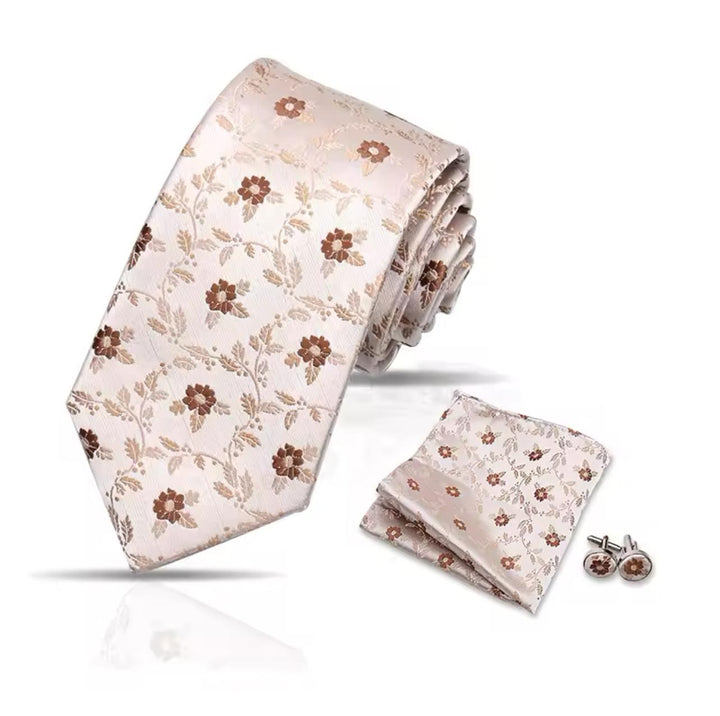Beige Floral Men's Tie - Pocket Square & Cufflinks (Copy) Be Chic