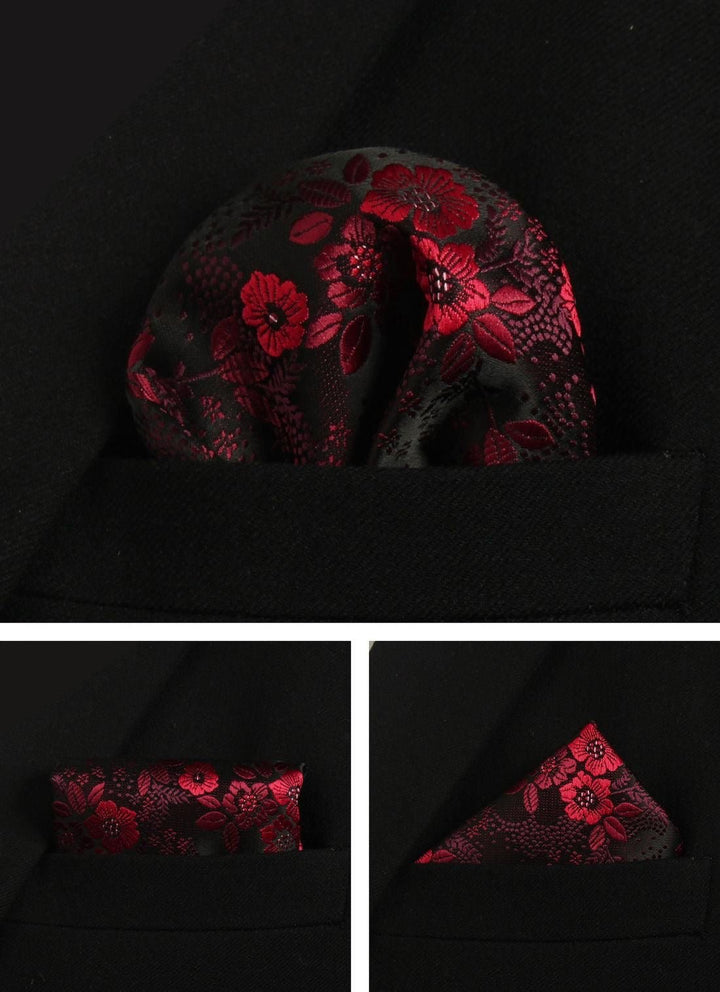 Black & Red Floral Men's Tie - Pocket Square & Cufflinks - Be Chic