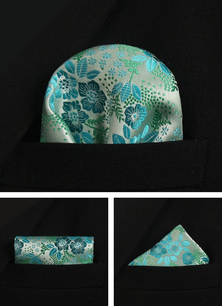 Cyan Floral Men's Tie - Pocket Square & Cufflinks - Be Chic