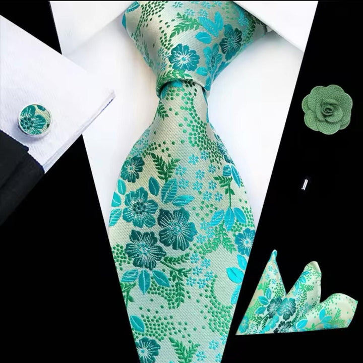 Cyan Floral Men's Tie - Pocket Square & Cufflinks - Be Chic