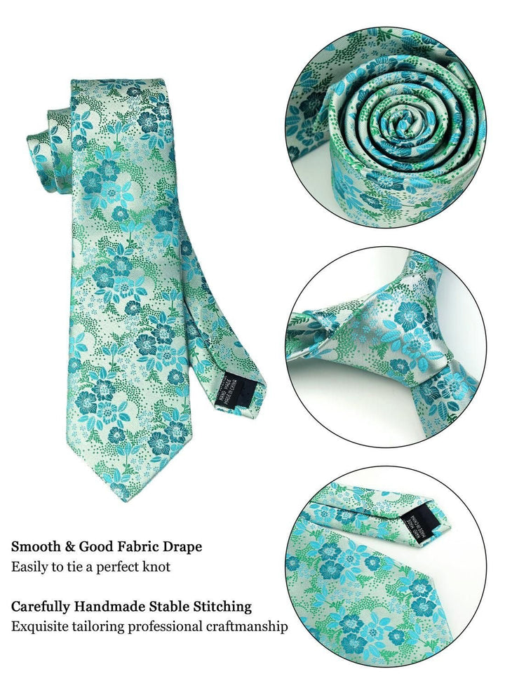 Cyan Floral Men's Tie - Pocket Square & Cufflinks - Be Chic