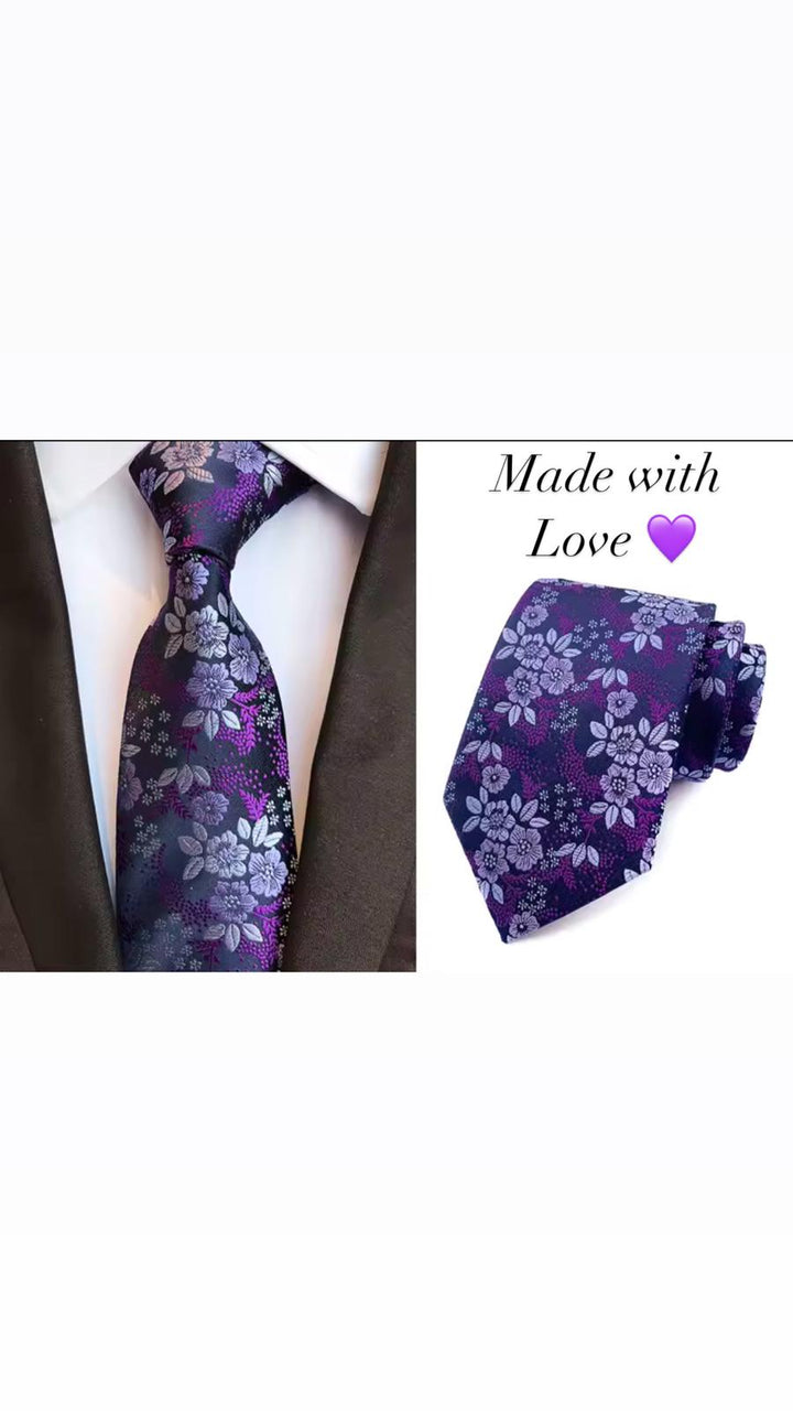 Dark Purple Floral Men's Tie - Pocket Square & Cufflinks - Be Chic