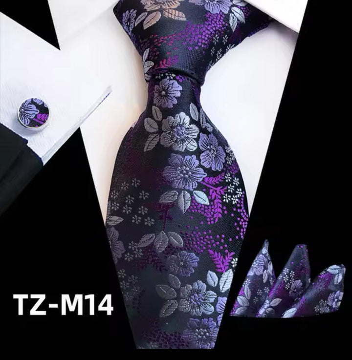 Dark Purple Floral Men's Tie - Pocket Square & Cufflinks - Be Chic
