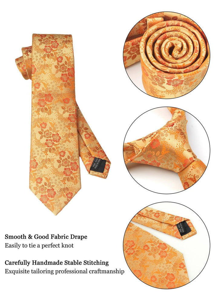Gold Floral Men's Tie - Pocket Square & Cufflinks - Be Chic