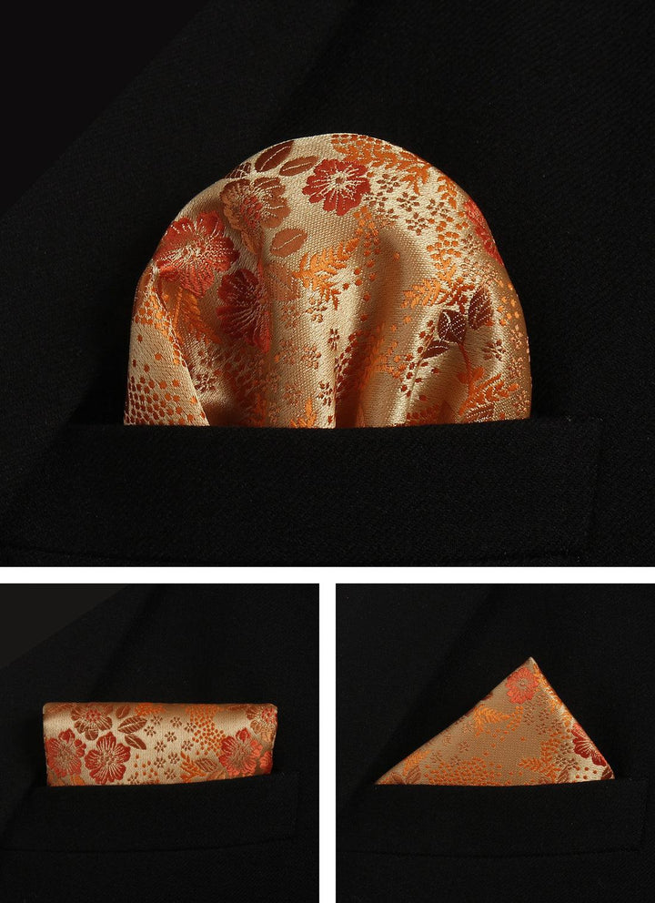 Gold Floral Men's Tie - Pocket Square & Cufflinks - Be Chic