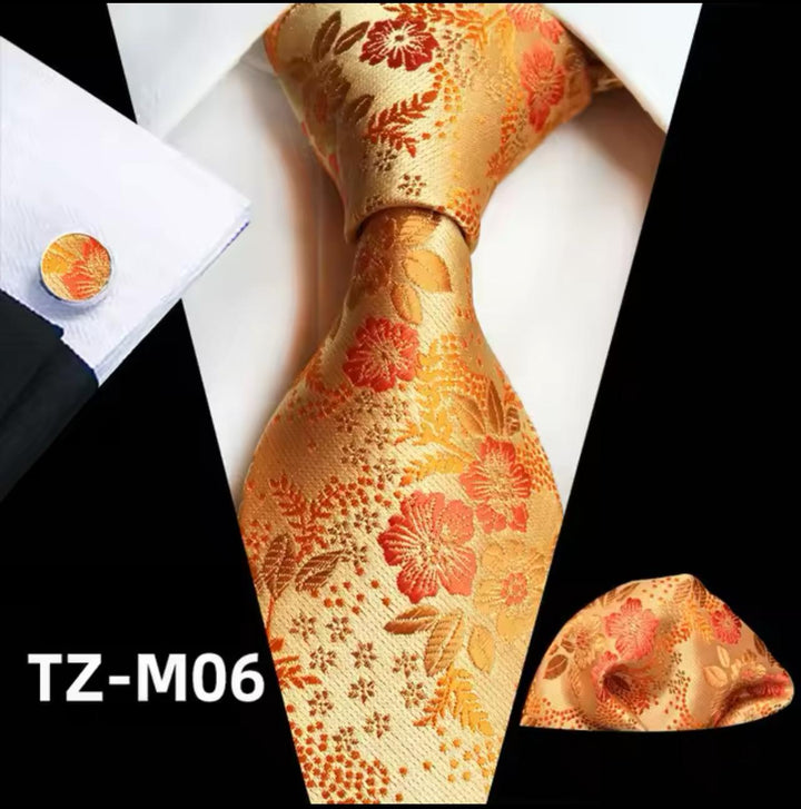 Gold Floral Men's Tie - Pocket Square & Cufflinks - Be Chic
