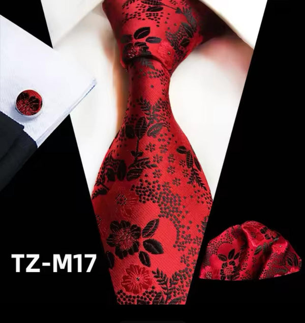 Red Floral Men's Tie - Pocket Square & Cufflinks