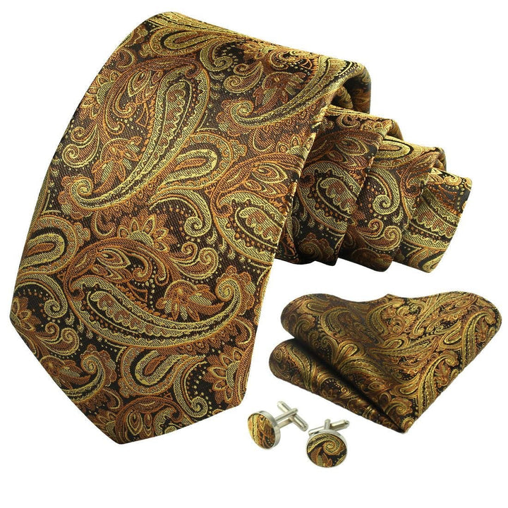 Gold Floral Men's Tie - Pocket Square & Cufflinks Be Chic
