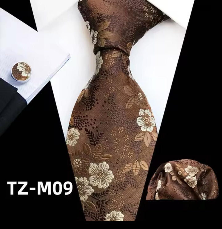 Brown Floral Men's Tie - Pocket Square & Cufflinks Be Chic