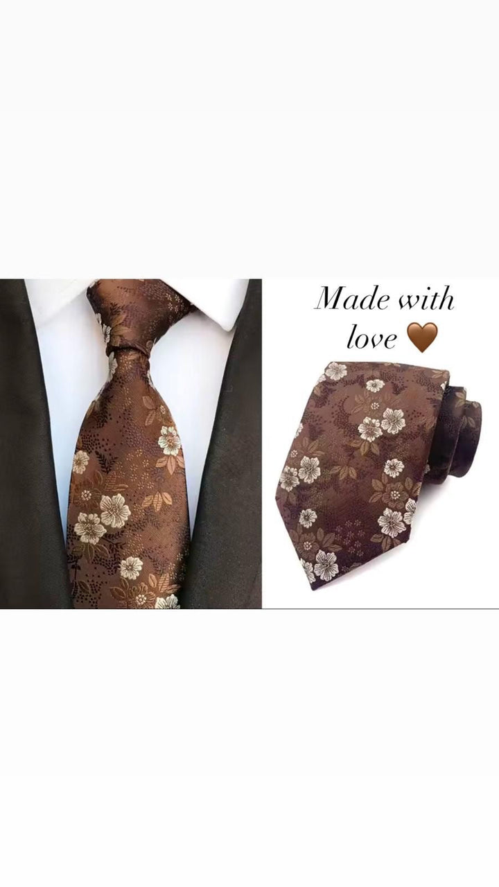 Brown Floral Men's Tie - Pocket Square & Cufflinks Be Chic