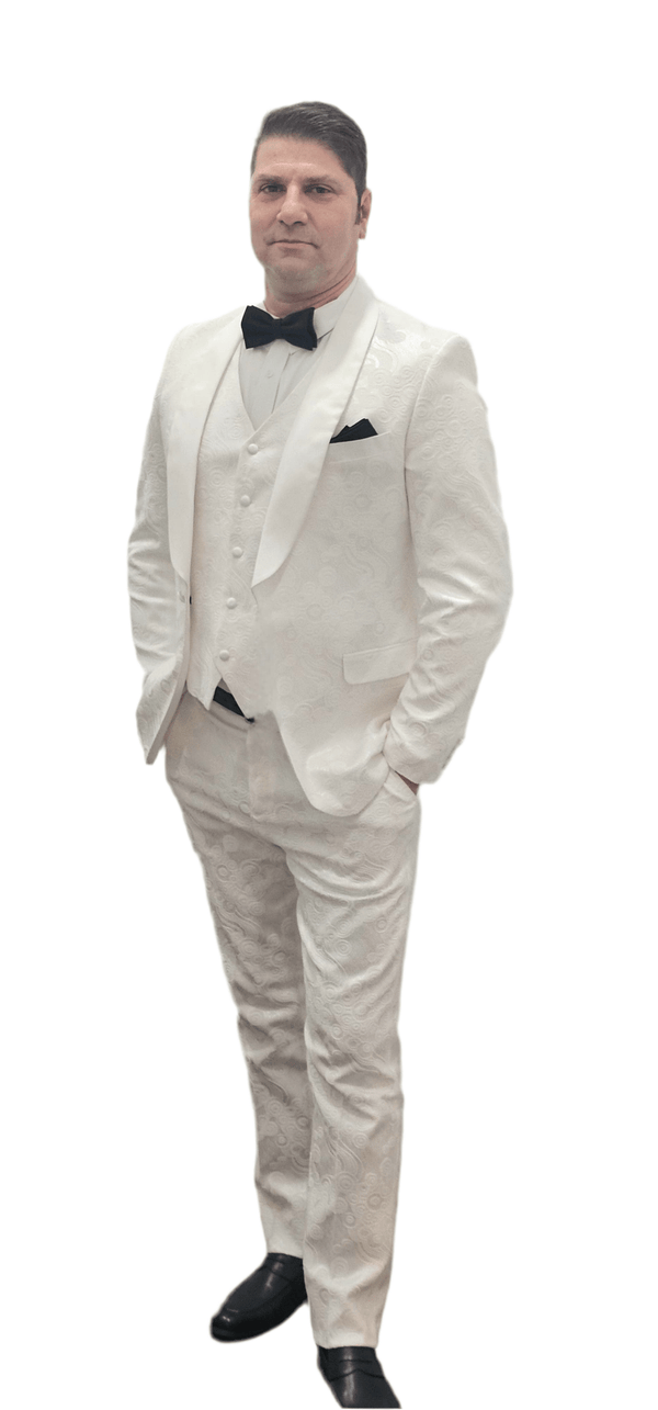 Luxury Hand Made Suit - Mens 6 Piece White Paisley Pattern Suit - All White - Made In Canada 🇨🇦 - Be Chic