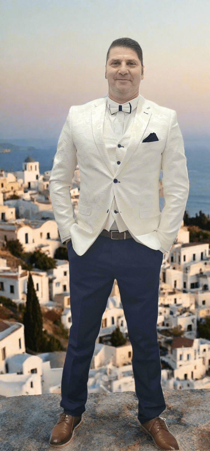Luxury Hand Made Suit - Mens 6 Piece White Paisley Pattern Suit - With Black Pants - Made In Canada 🇨🇦 - Be Chic