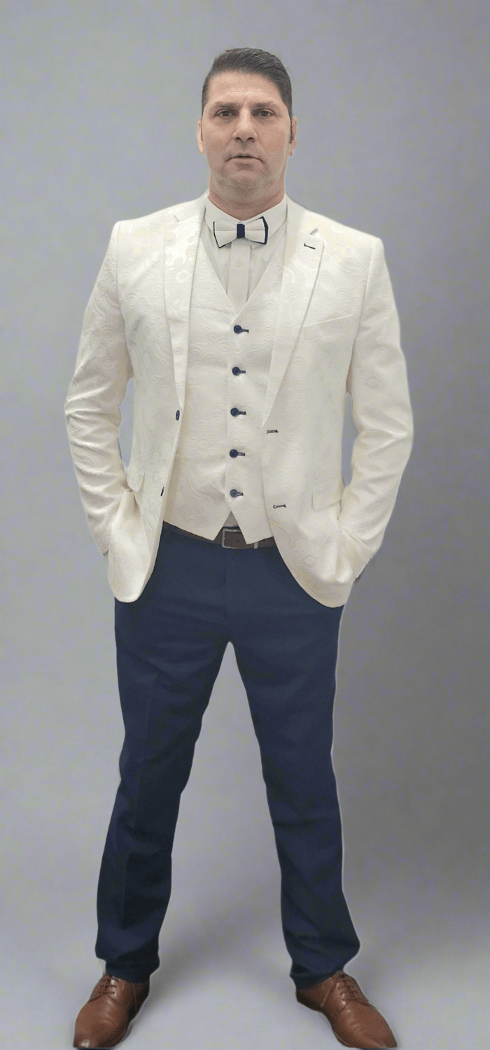 Luxury Hand Made Suit - Mens 6 Piece White Paisley Pattern Suit - With Black Pants - Made In Canada 🇨🇦 - Be Chic