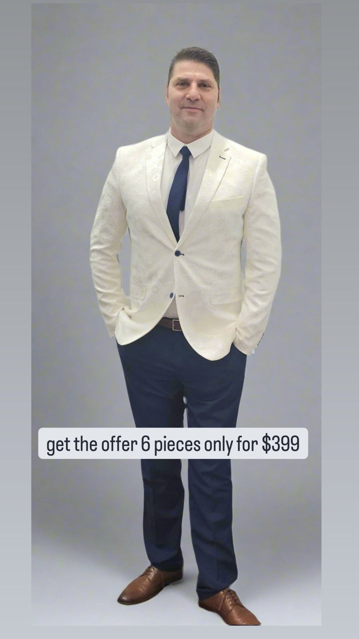 Luxury Hand Made Suit - Mens 6 Piece White Paisley Pattern Suit - With Black Pants - Made In Canada 🇨🇦 - Be Chic