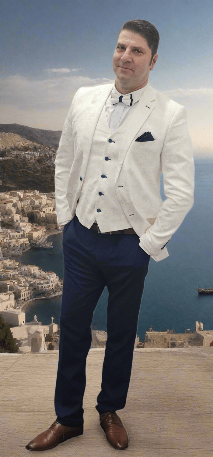 Luxury Hand Made Suit - Mens 6 Piece White Paisley Pattern Suit - With Black Pants - Made In Canada 🇨🇦 - Be Chic