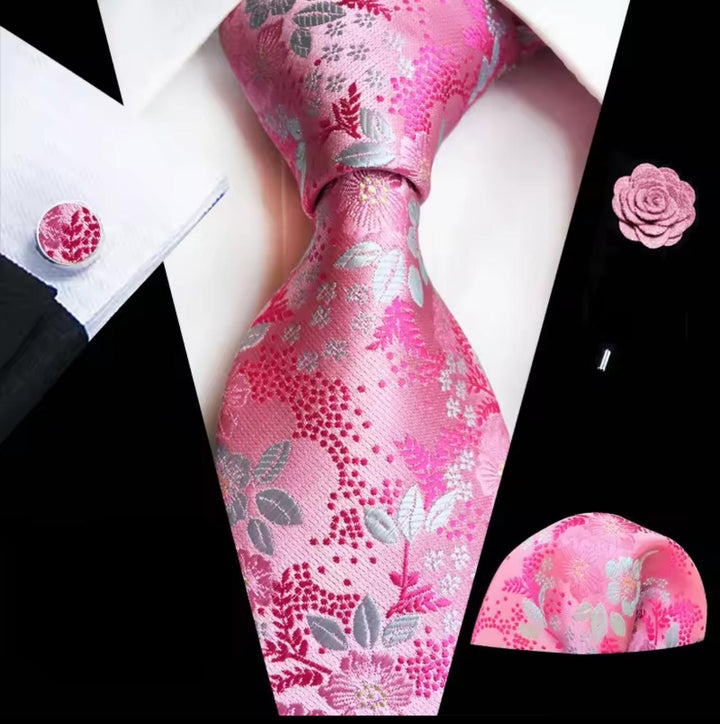 Pink Floral Men's Tie - Pocket Square & Cufflinks - Be Chic