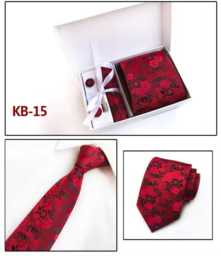 Red Floral Men's Tie - Pocket Square & Cufflinks - Be Chic