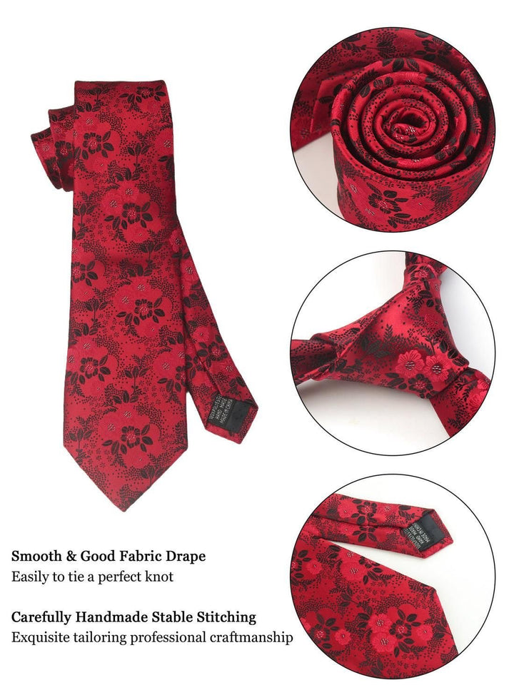 Red Floral Men's Tie - Pocket Square & Cufflinks - Be Chic