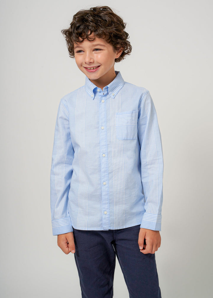 Mayoral Long Sleeve Oxford Striped Shirt in Sky Blue for Boys - Formal Look at Kids Chic.