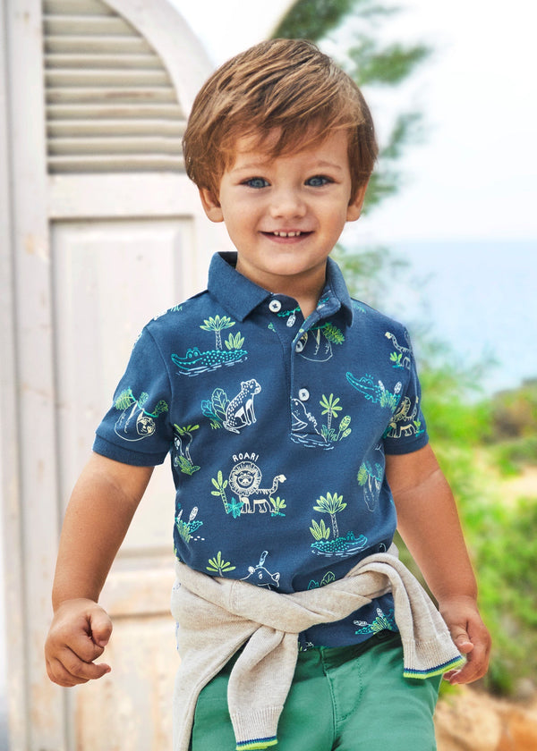 Mayoral Polo Indigo - "Boys' indigo blue short-sleeve polo shirt with subtle pattern and contrast trim by Mayoral.