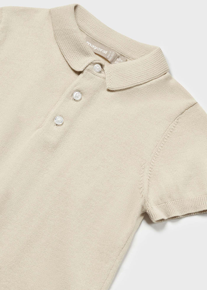 Mayoral Polo Raffia - "Boys' raffia beige short-sleeve polo shirt with textured pattern and classic collar by Mayoral.