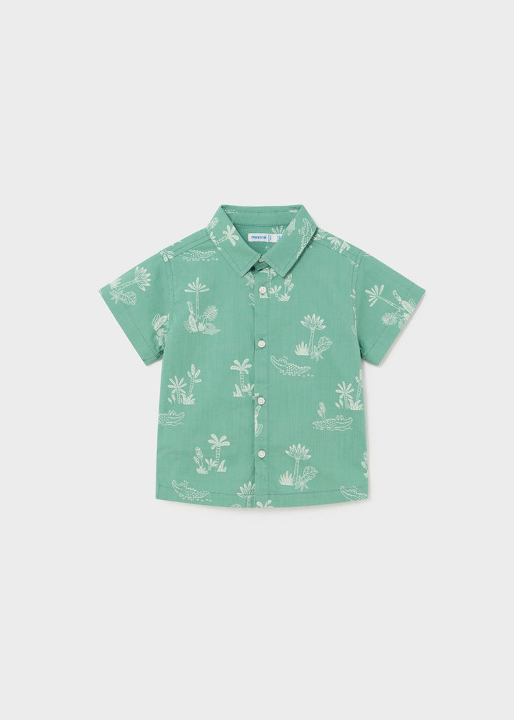 Mayoral Shirt Eucalyptus - "Boys' eucalyptus green short-sleeve shirt with tropical print and spread collar by Mayoral.