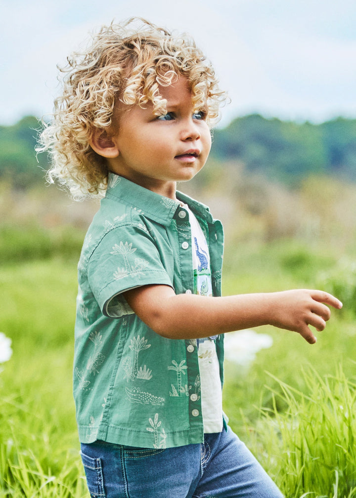 Mayoral Shirt Eucalyptus - "Boys' eucalyptus green short-sleeve shirt with tropical print and spread collar by Mayoral.