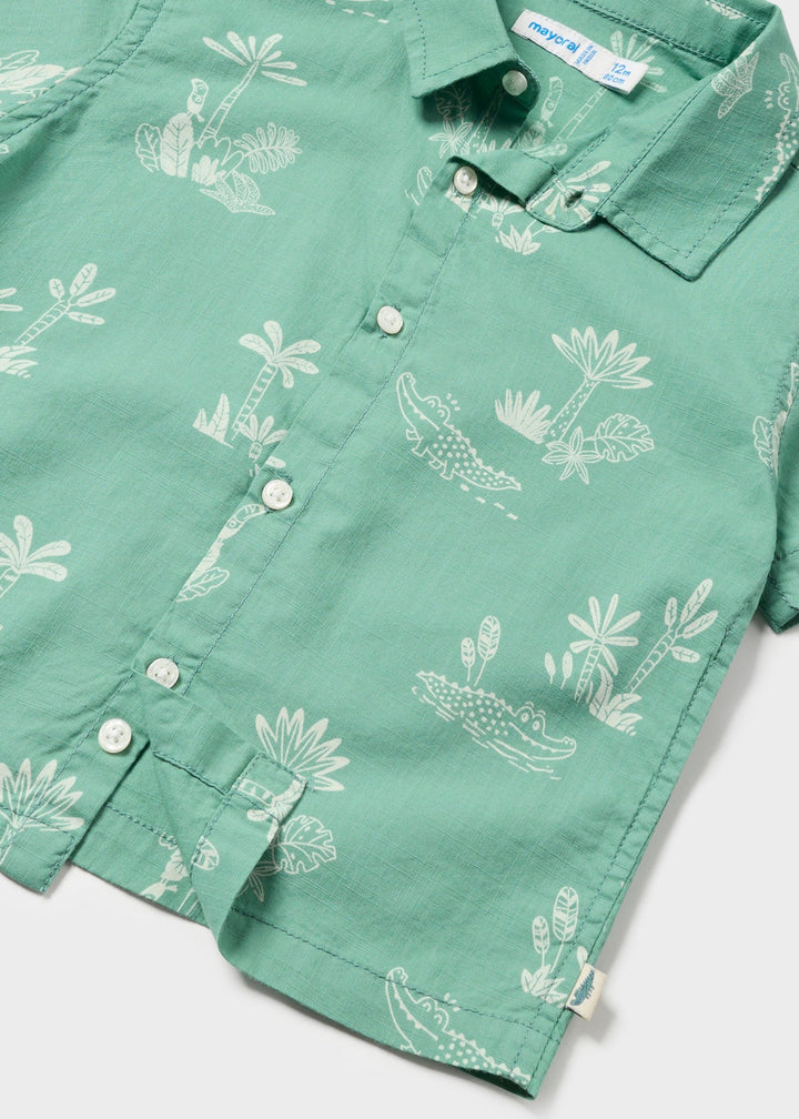 Mayoral Shirt Eucalyptus - "Boys' eucalyptus green short-sleeve shirt with tropical print and spread collar by Mayoral.