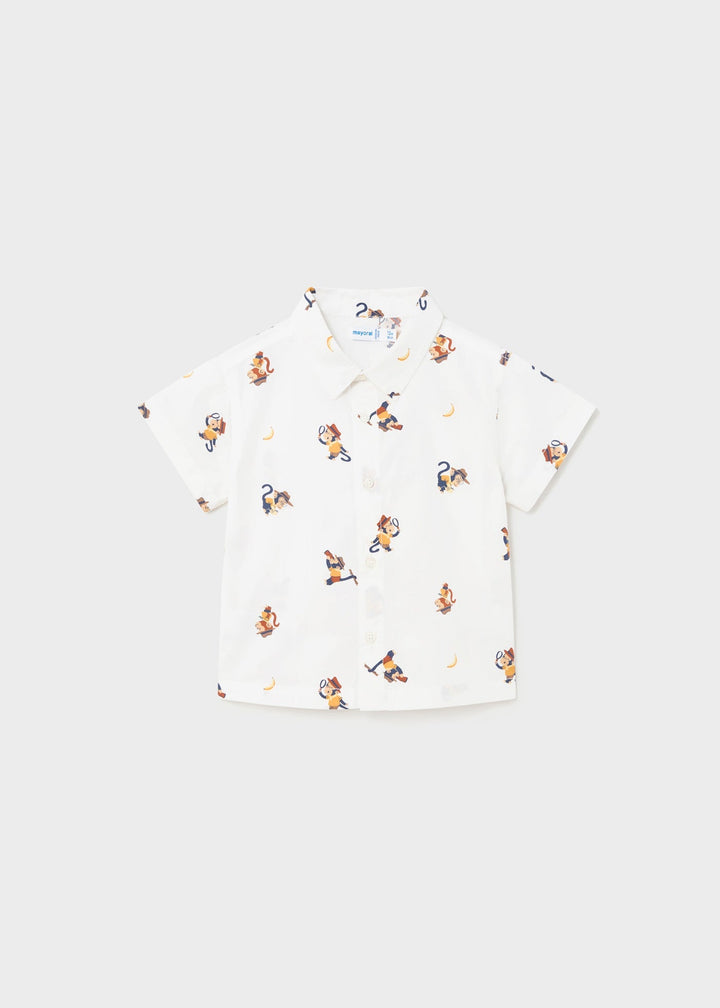 Mayoral Shirt white Banana - "Boys' white short-sleeve shirt with banana and leaf print, featuring a pointed collar by Mayoral.