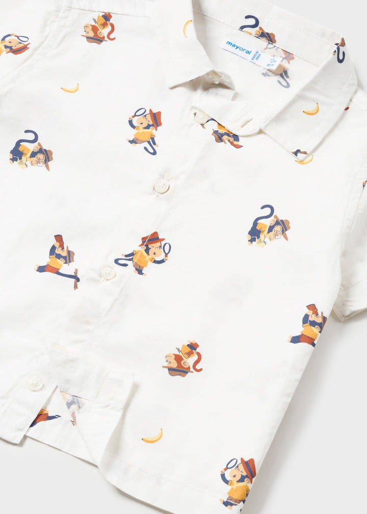 Mayoral Shirt white Banana - "Boys' white short-sleeve shirt with banana and leaf print, featuring a pointed collar by Mayoral.