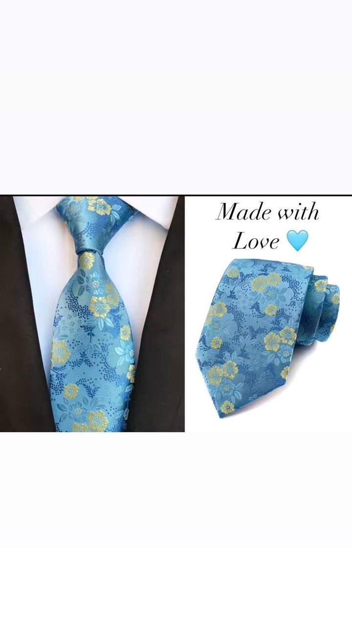 Turquoise Floral Men's Tie - Pocket Square & Cufflinks - Be Chic