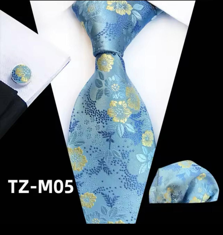 Turquoise Floral Men's Tie - Pocket Square & Cufflinks - Be Chic