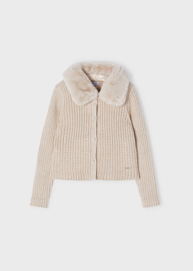 Faux fur collar cardigan for girl - Sepia Mayoral