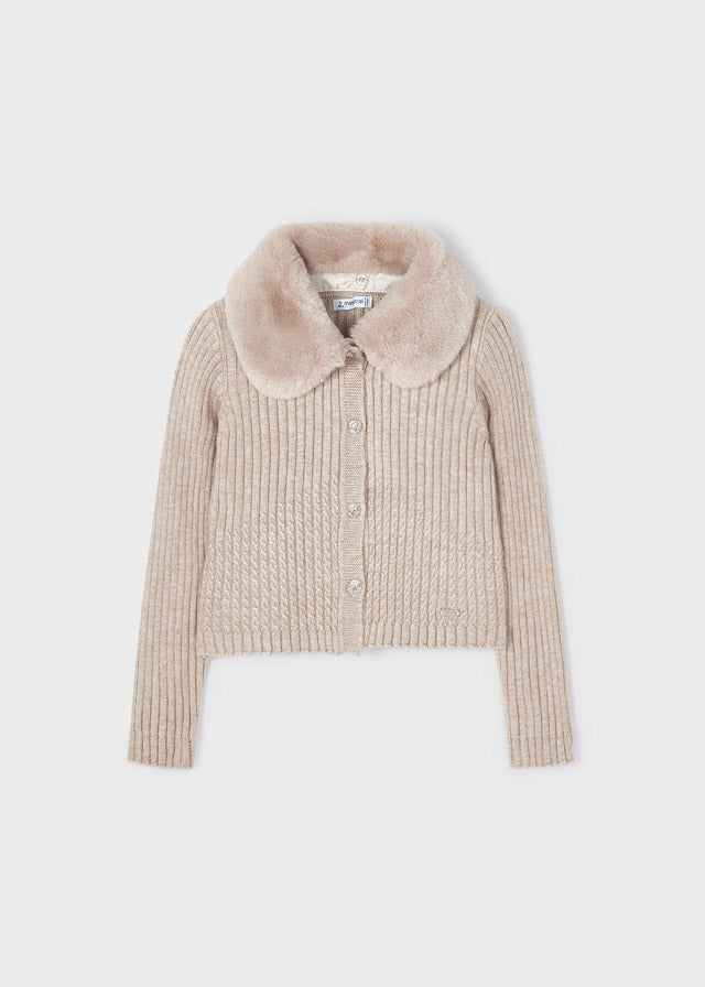 4309- Faux fur collar cardigan for girl - h- Bark Mayoral
