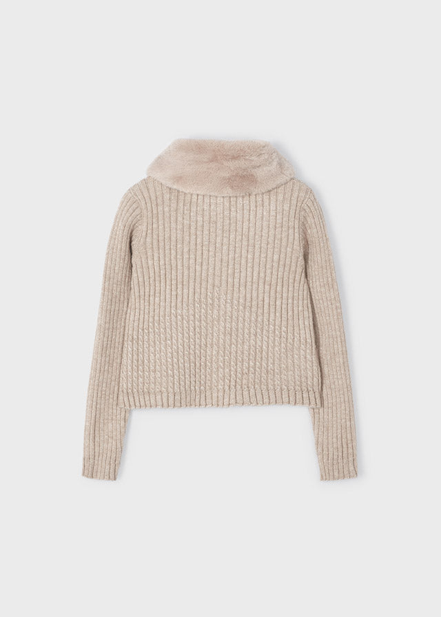 4309- Faux fur collar cardigan for girl - h- Bark Mayoral